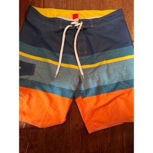 Nonwe Mens Board Shorts Swim Trunks Colorblock Striped Blue Orange Size 40